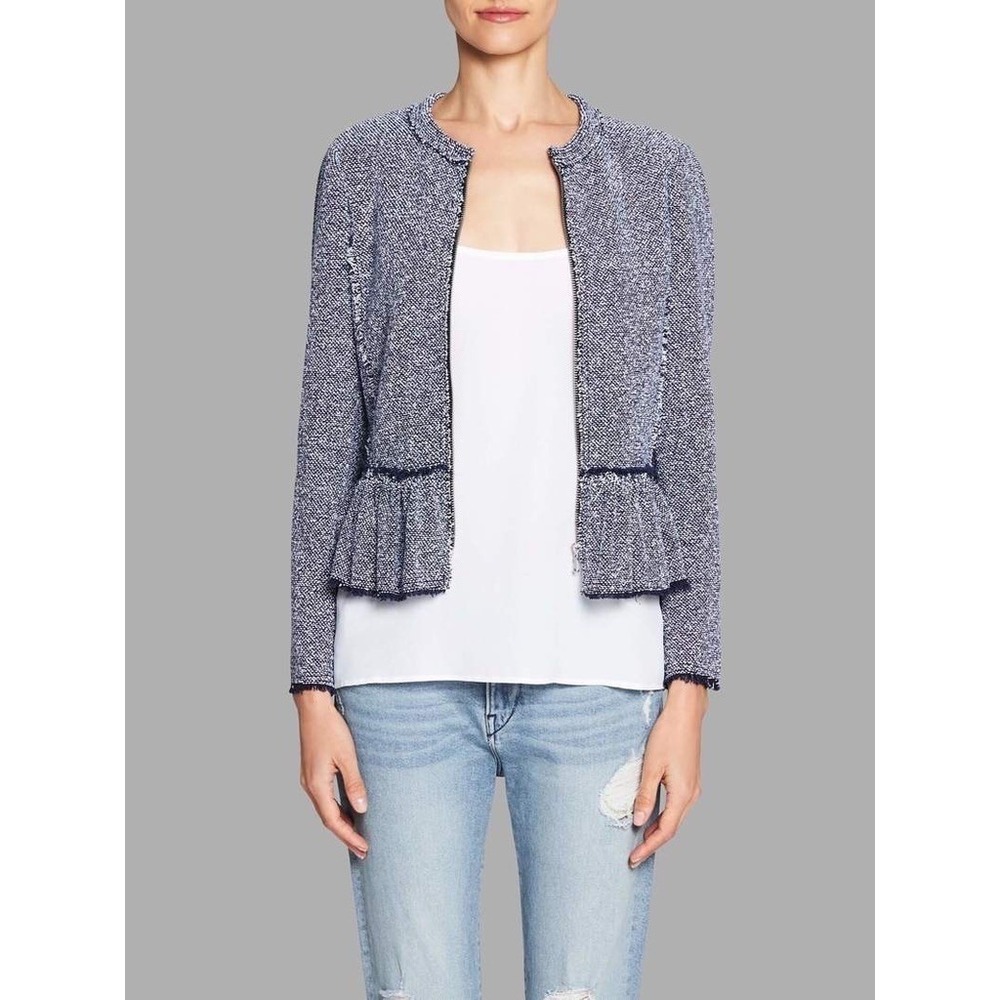Rebecca Taylor Textured Tweed Peplum Zip Front Jacket Blue/White Size 2 Classic